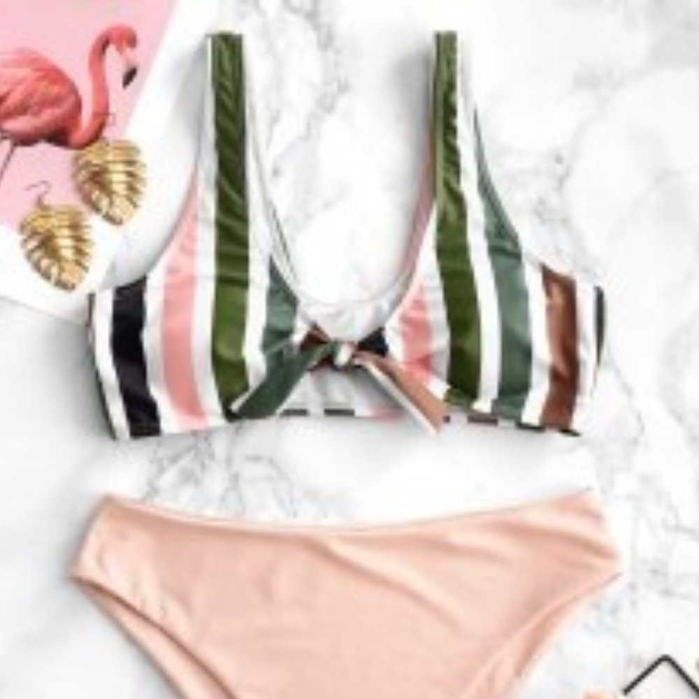 Zaful Colorful Striped High Waisted Bikini US L